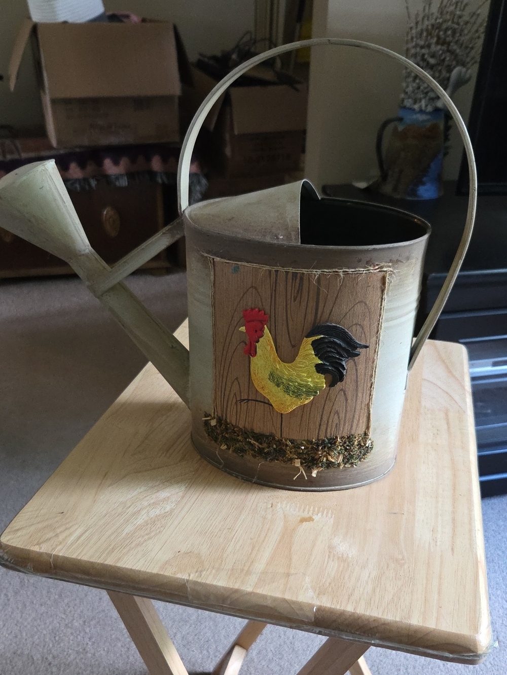 Decorative Cream Metal Watering Can with Rooster Accent